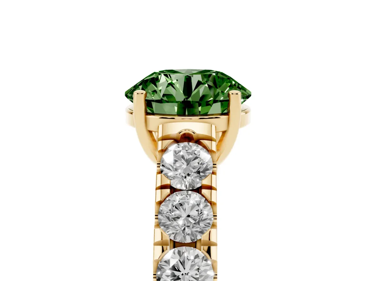 Fancy Green Round Cut Cut Diamond Solitaire Ring with Micro Pave Band and Prong Setting Yellow gold