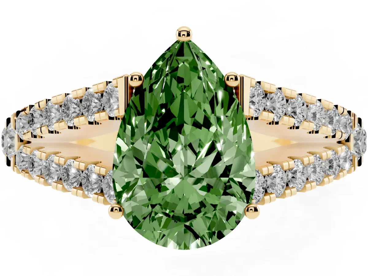 Fancy Green Pear Cut Diamond Split Shank Engagement Ring with Round Pavé and Prong Setting Yellow gold