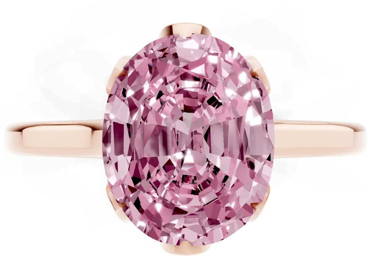 Fancy Pink Oval Cut Diamond Solitaire Ring with Flower Prong Setting and Classic Band Rose gold