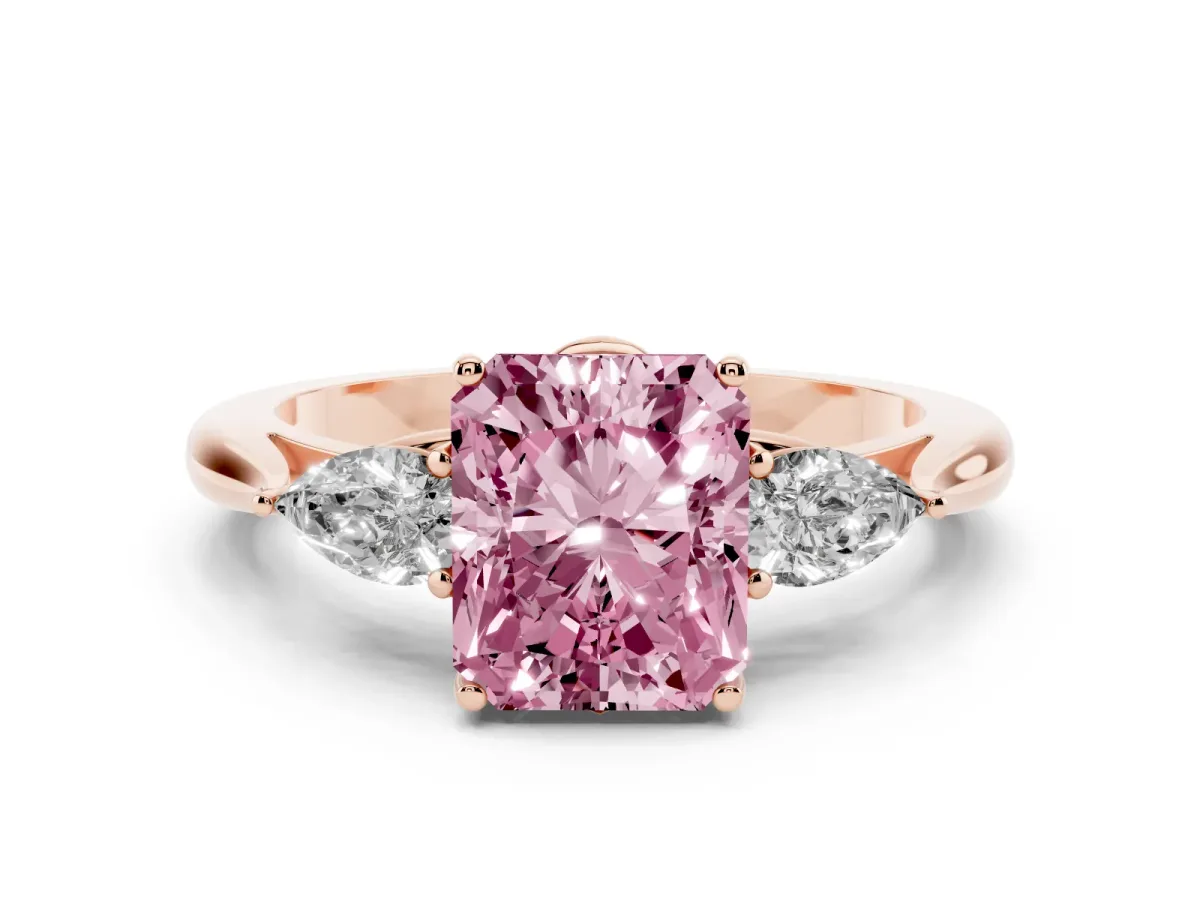 Fancy Pink Radiant Cut Diamond Three-Stone Ring with Pear Side Stones and Prong Setting Rose gold