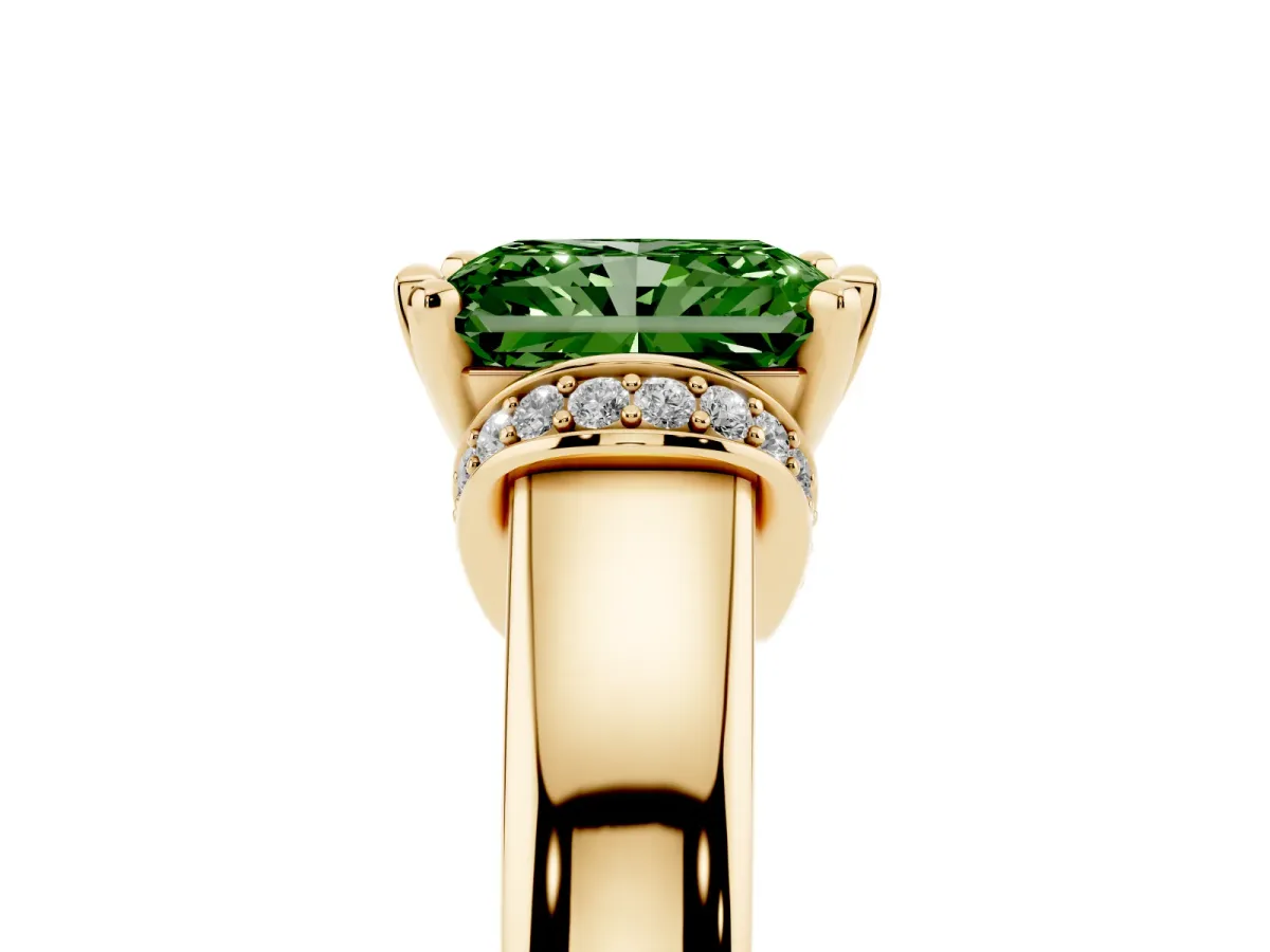 Fancy Green Radiant Cut Solitaire Diamond Ring with Pave Band and Six-Prong Setting Yellow gold