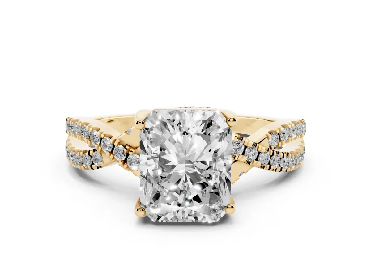 Radiant Cut Solitaire Twist Pave Diamond Engagement Ring with Prong Setting Yellow gold