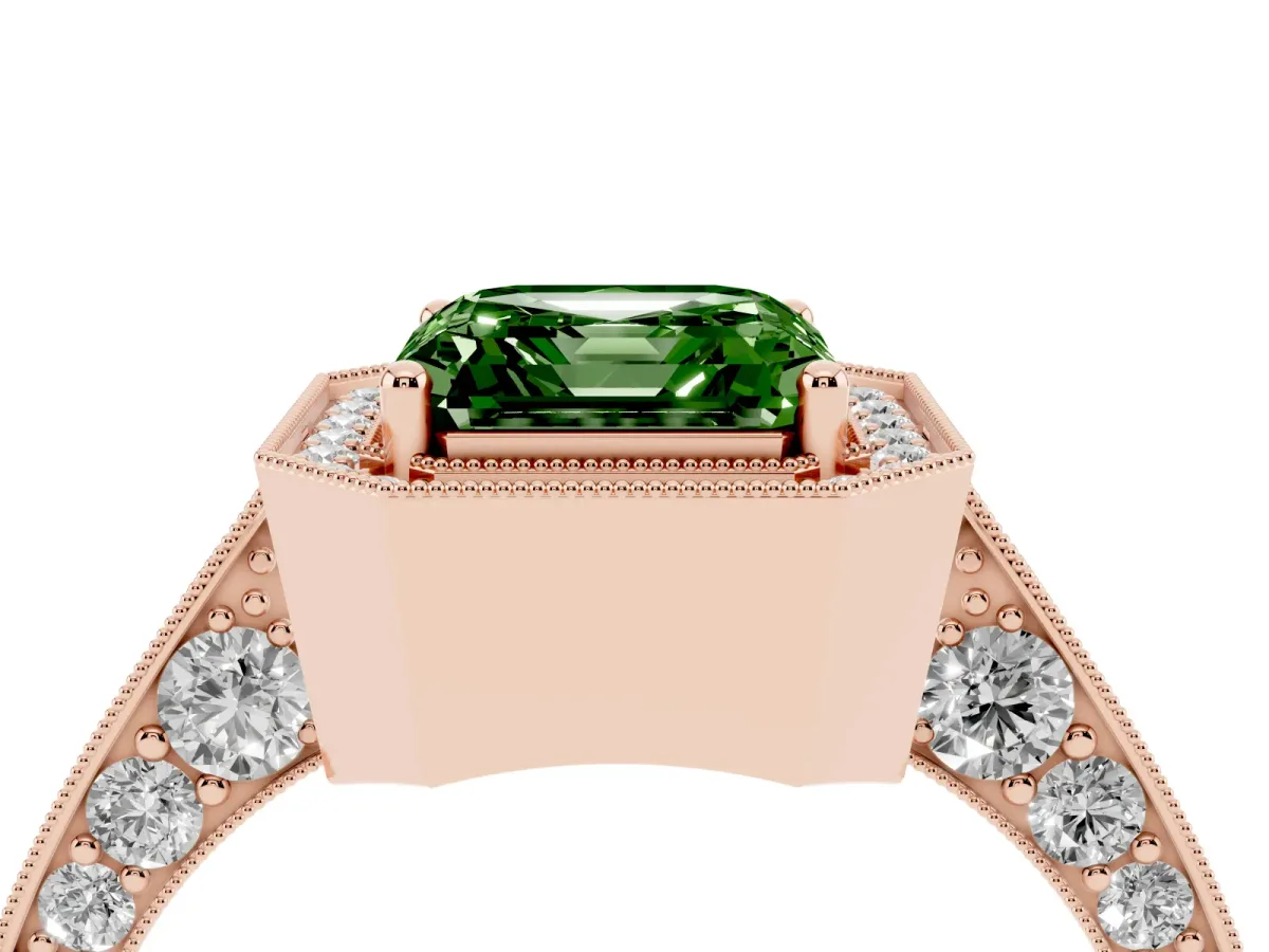 Fancy Green Asscher Cut Halo Diamond Engagement Ring with Split Shank Band and Four-Prong Setting Rose gold