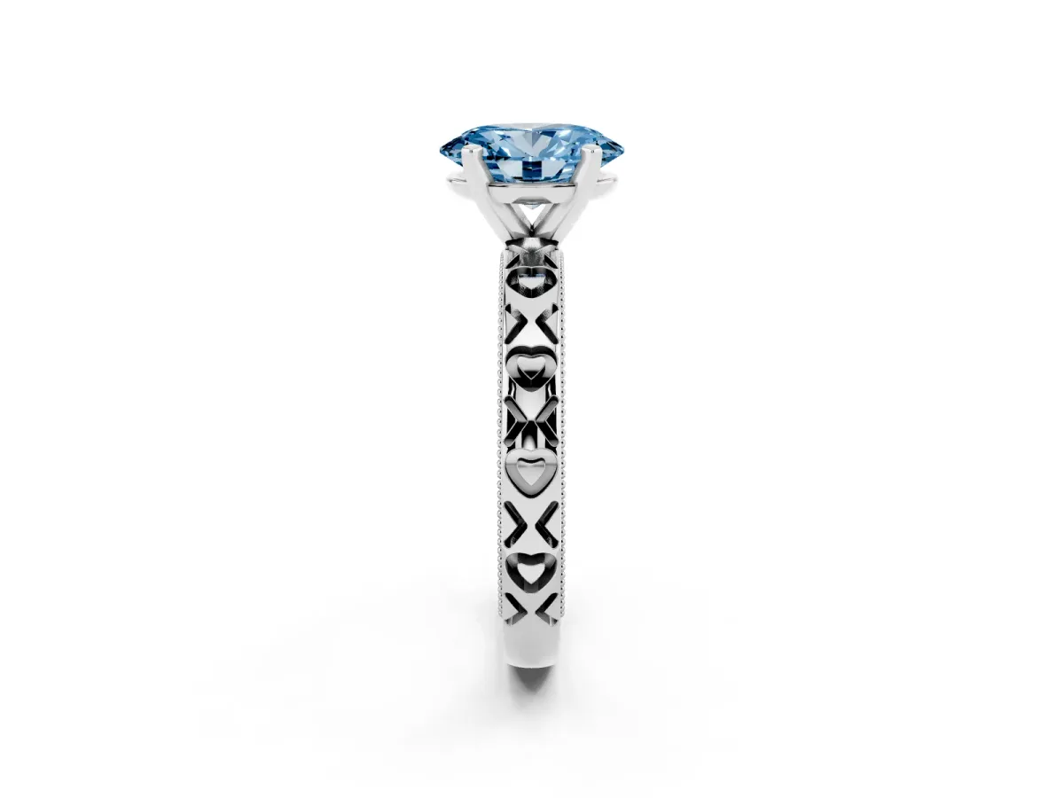 Fancy Blue Oval Cut Solitaire Diamond Engagement Ring with XO Engraved Band and Four-Prong Setting Silver