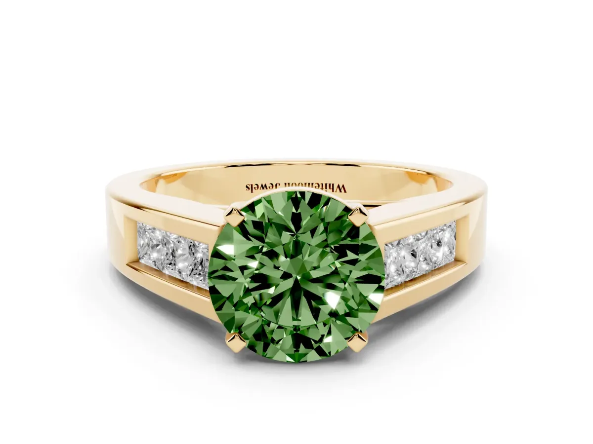 Fancy Green Round Cut Cut Channel Set Solitaire Ring with Four-Prong Setting Yellow gold