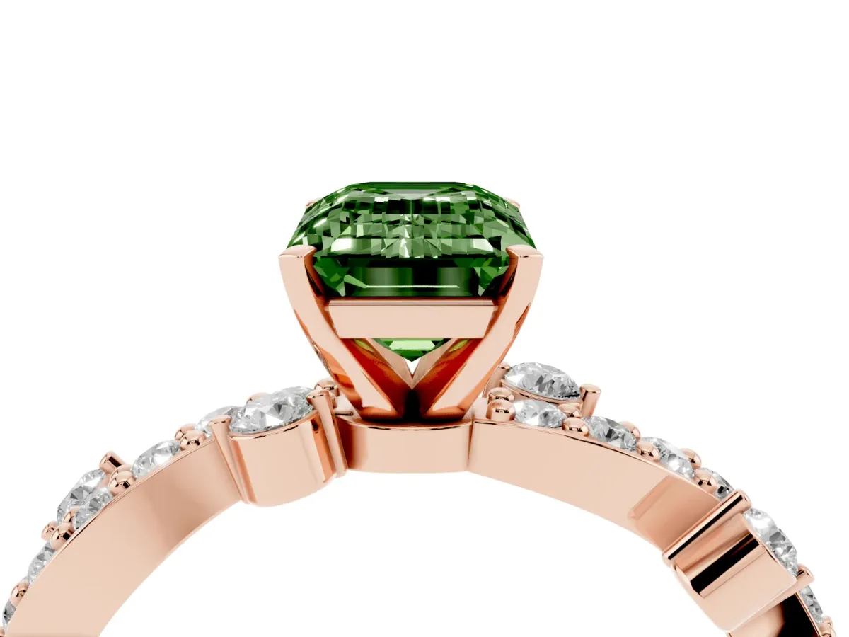 Fancy Green Emerald Cut Cut Solitaire Diamond Twisted Band with Pave Setting Rose gold