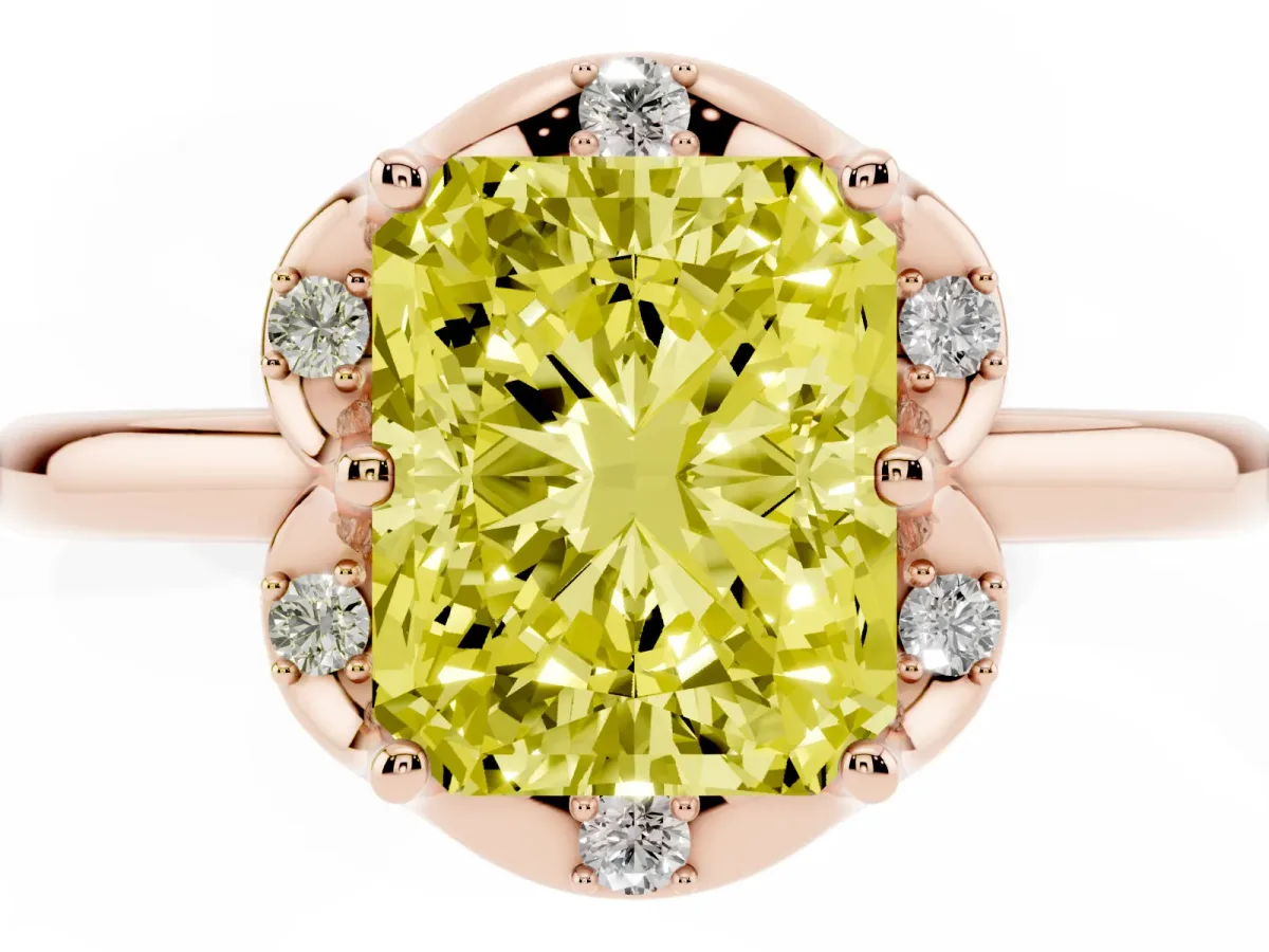 Fancy Yellow Radiant Cut Halo Diamond Ring with Round Cluster Setting, Solitaire Band, and Four-Prong Setting Rose gold