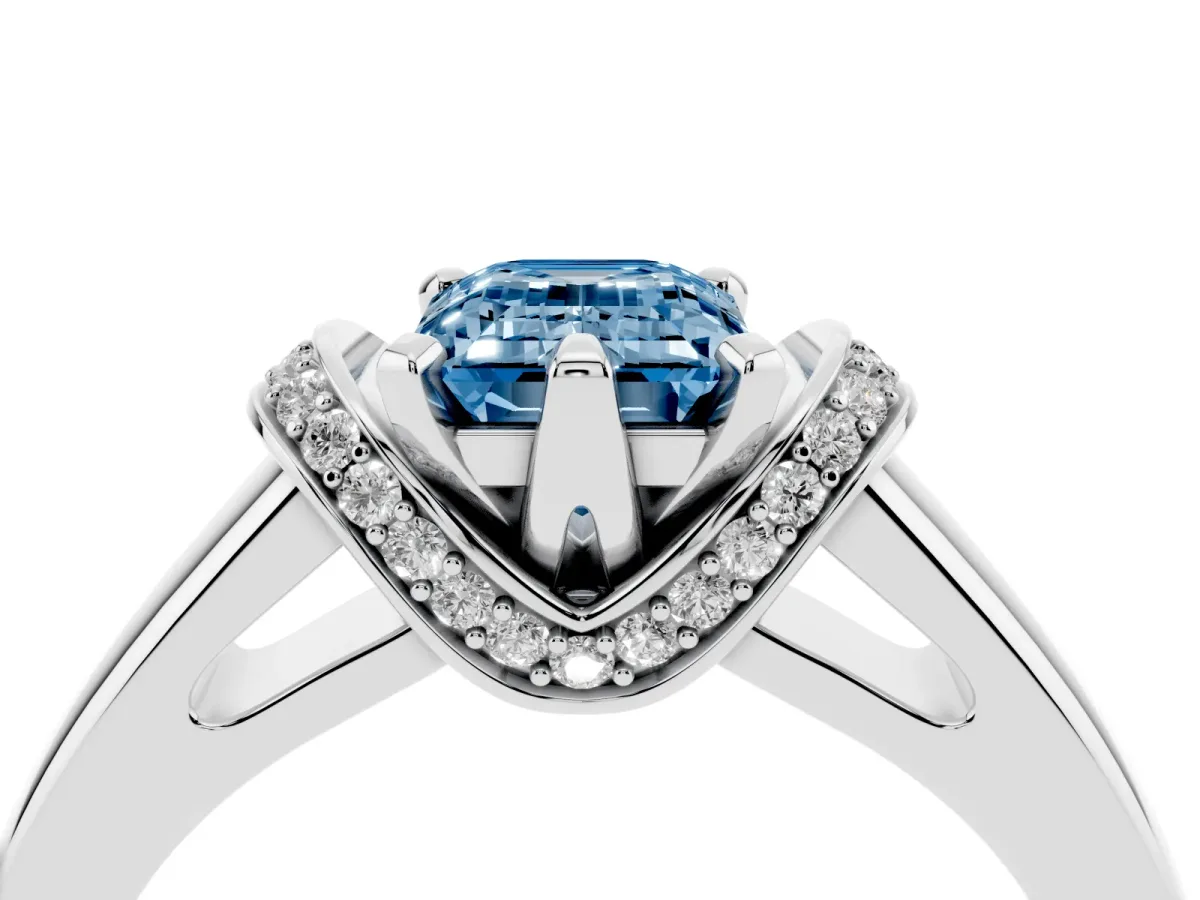 Fancy Blue Emerald Cut Solitaire Diamond Ring with Pave Band and Six-Prong Setting Platinum