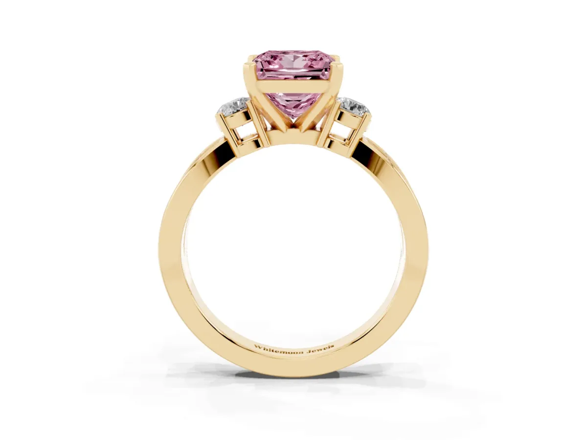 Fancy Pink Three-Stone Princess Cut Cut Diamond Twist Band with Prong Setting Yellow gold