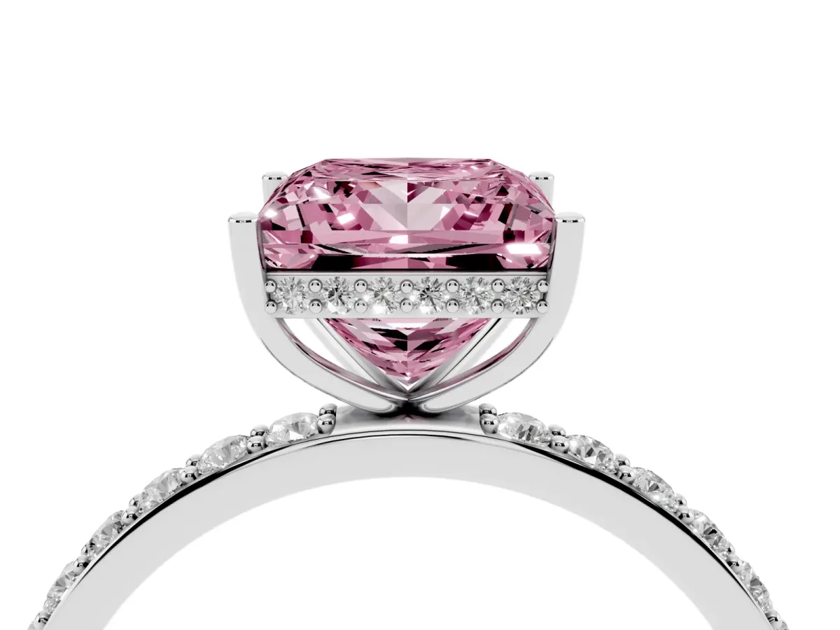 Fancy Pink Princess Cut Diamond Solitaire Ring with Pavé Band and Hidden Halo Silver