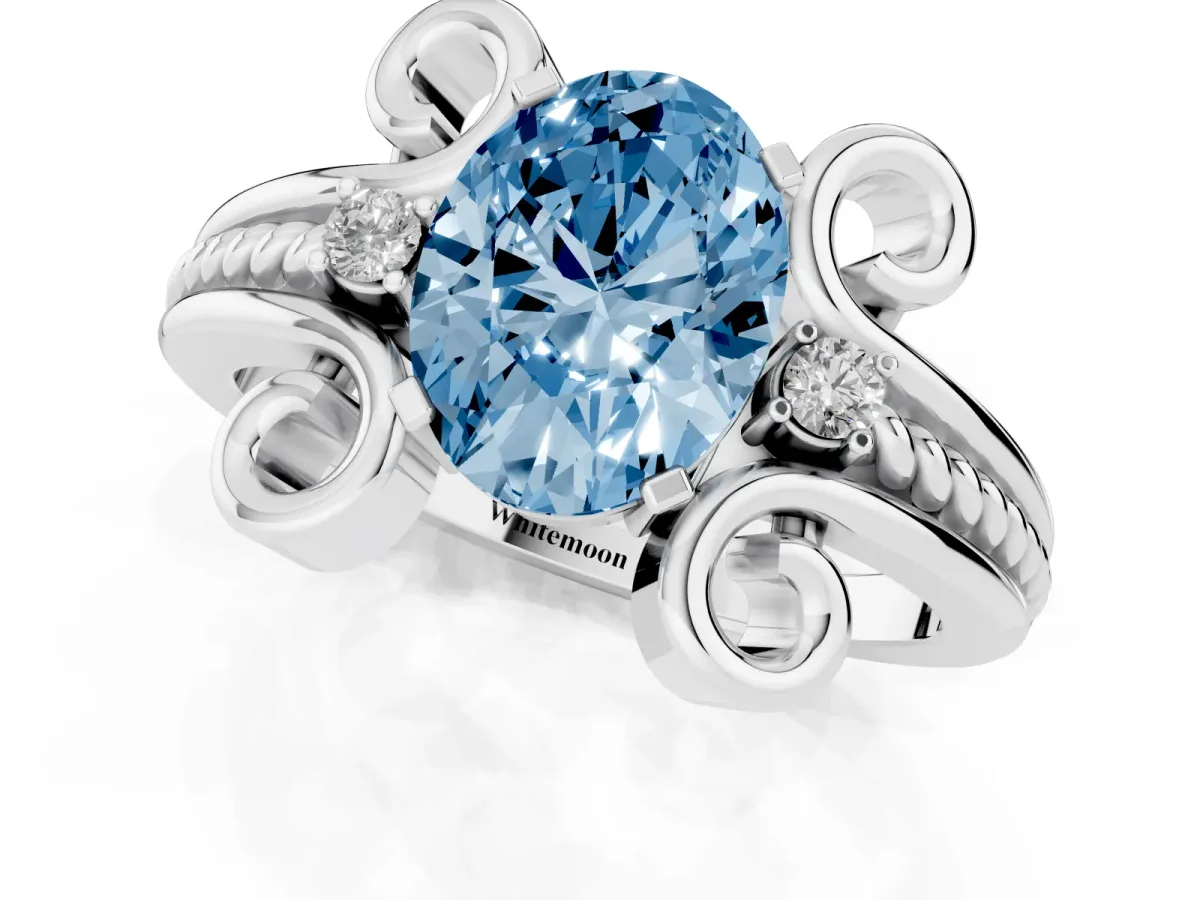 Fancy Blue Oval Cut Solitaire Twisted Band Scroll Prong Ring Silver