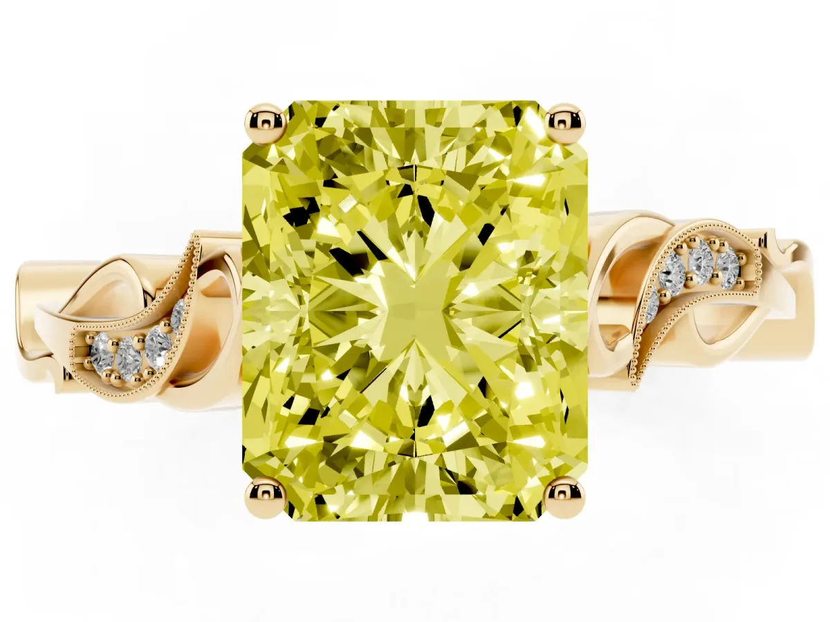 Fancy Yellow Radiant Cut Solitaire Vine Band with Milgrain Prong Setting Yellow gold