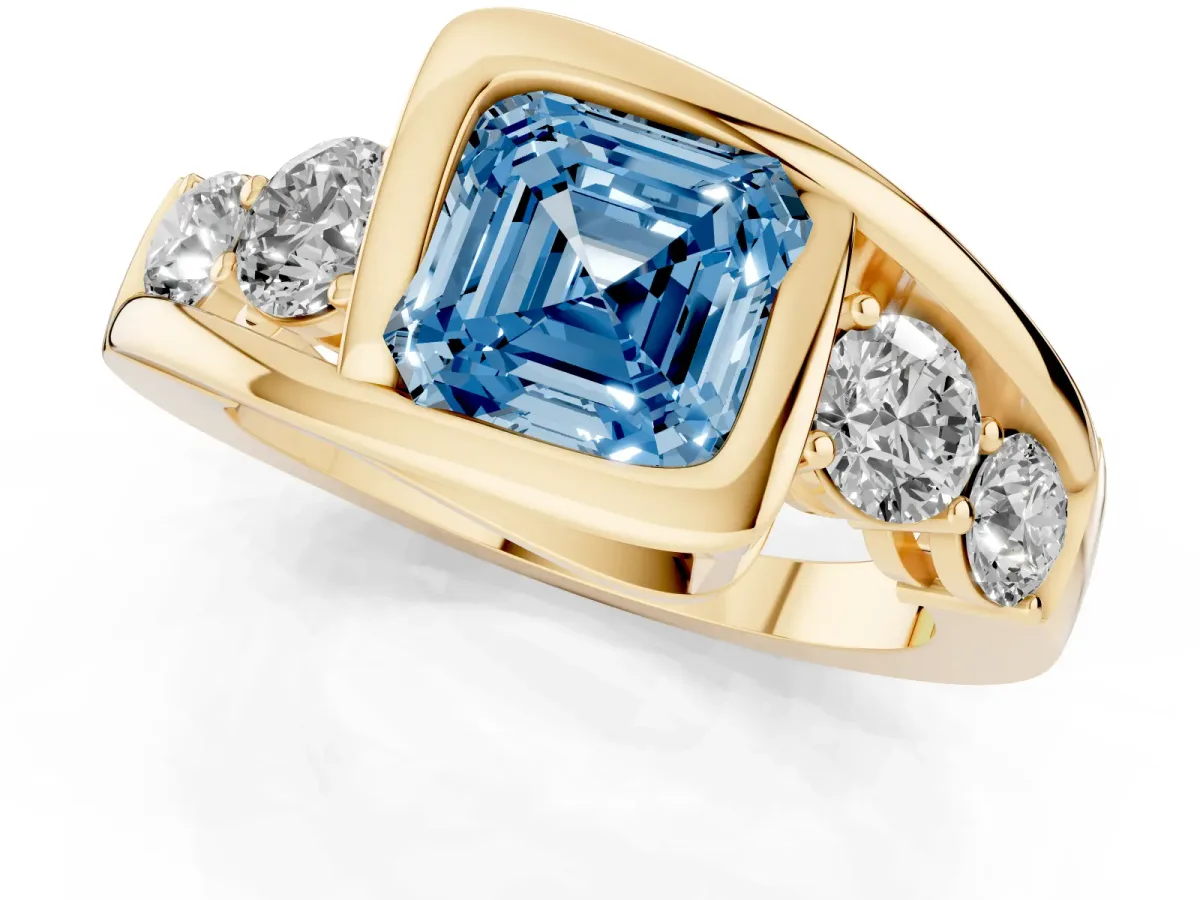 Fancy Blue Bezel Set Asscher Cut Diamond Bypass Ring with Round Accents Yellow gold