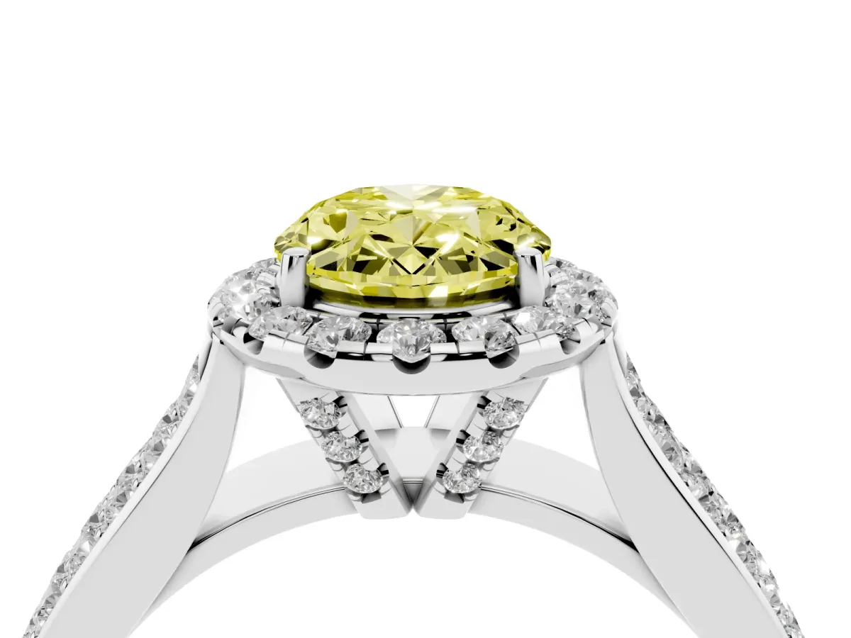 Fancy Yellow Oval Cut Halo Round Diamond Pave Band with Prong Setting Silver