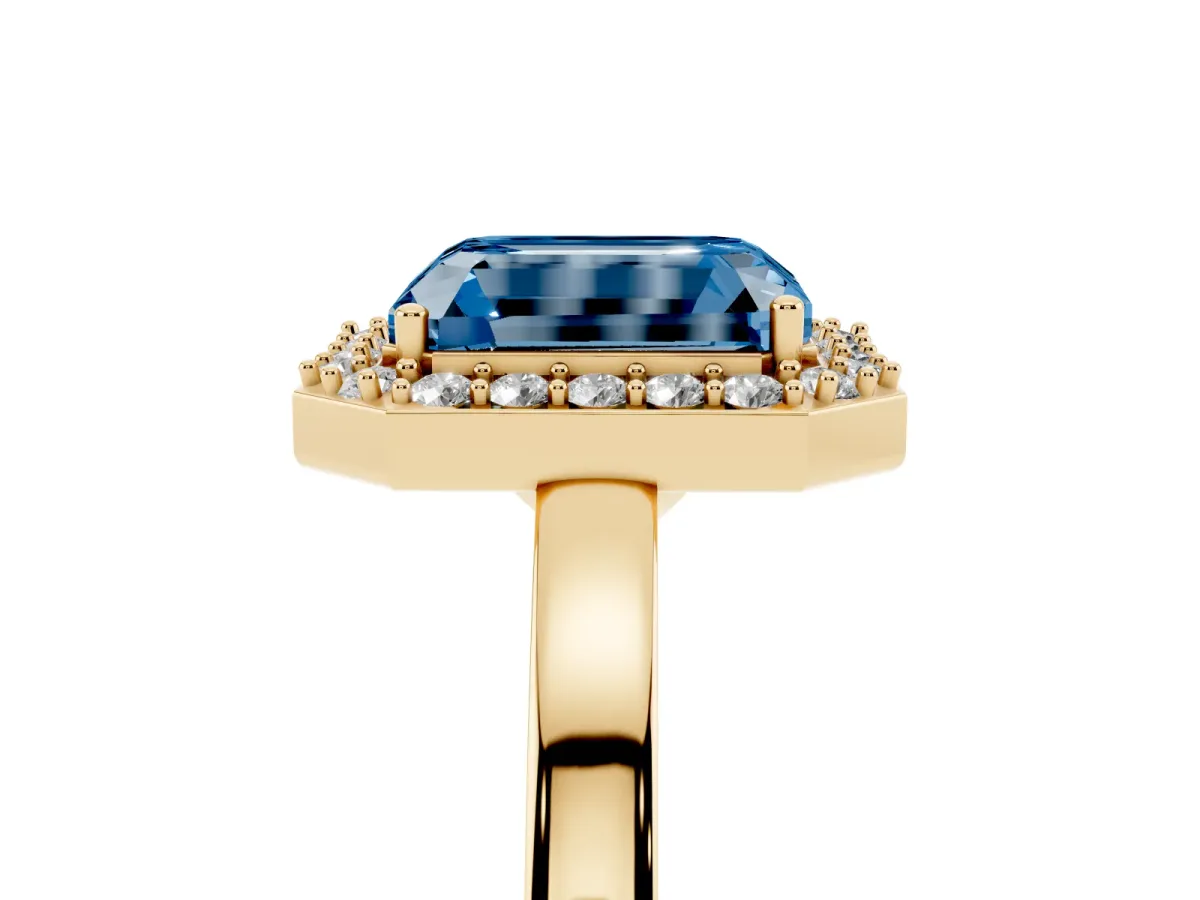 Fancy Blue Radiant Cut Halo Diamond Ring with Solitaire Band and Prong Setting Yellow gold