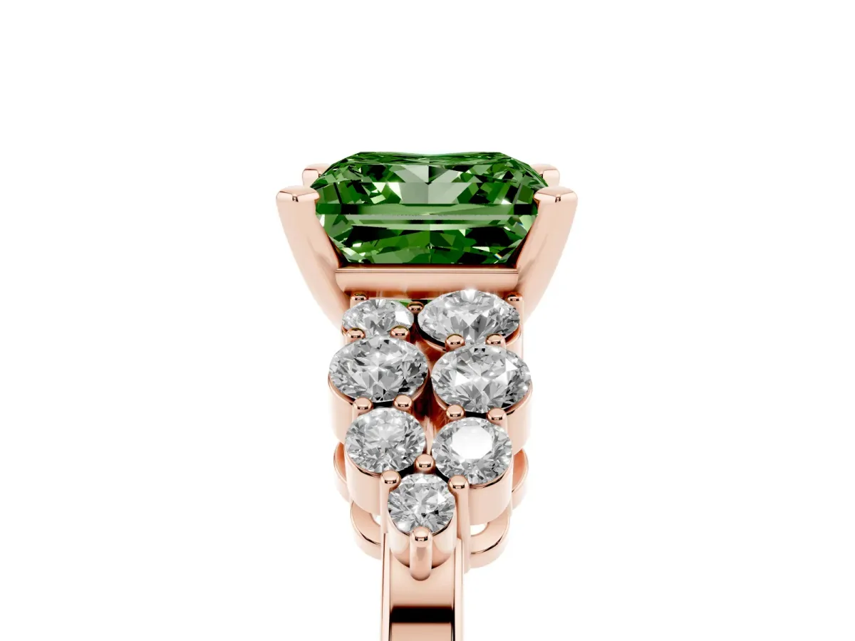 Fancy Green Princess Cut Cluster Diamond Engagement Ring with Pavé Band and Four-Prong Setting Rose gold