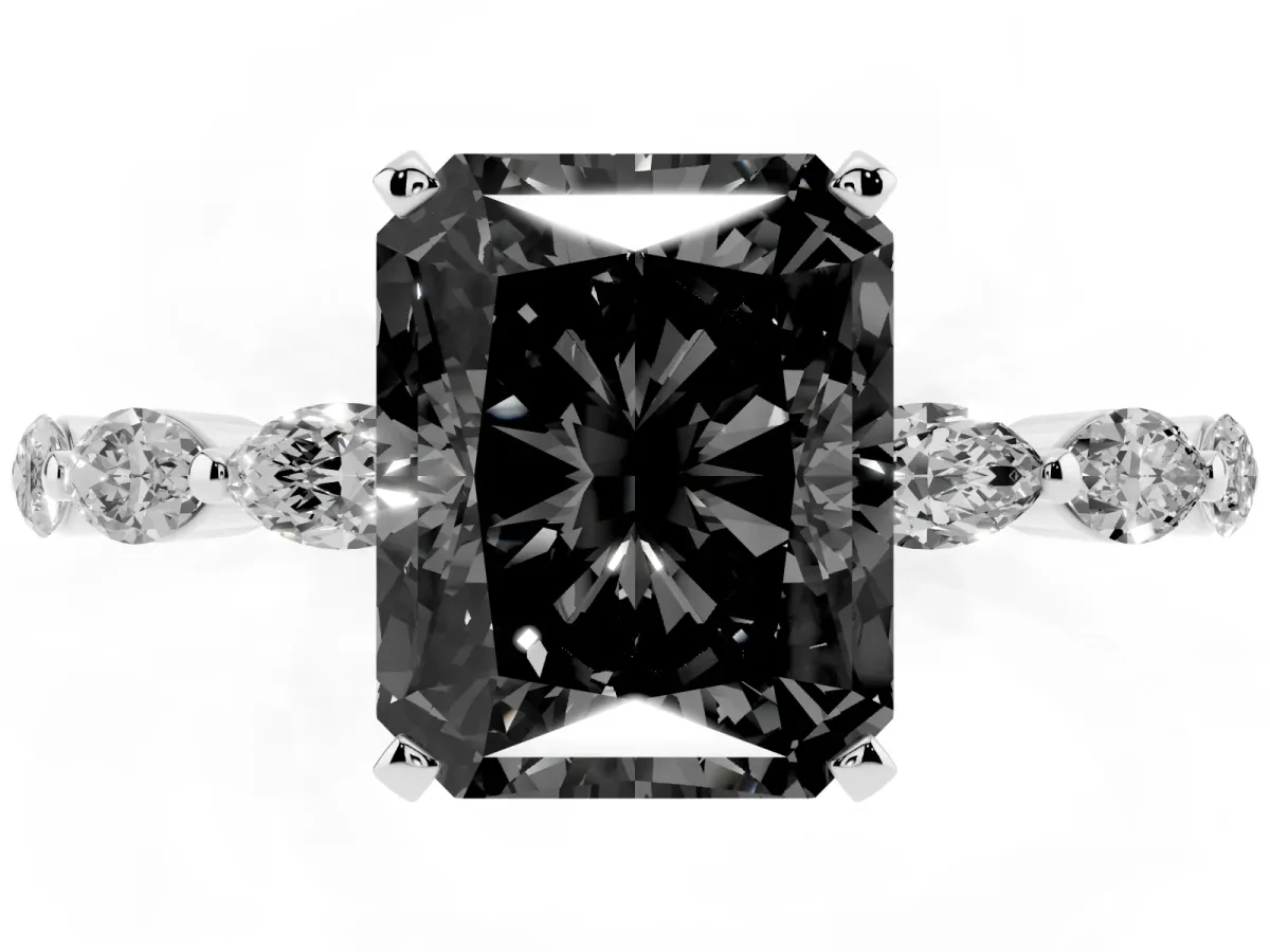 Fancy Black Radiant Cut Diamond Ring with Marquise Side Stones and Prong Setting Platinum