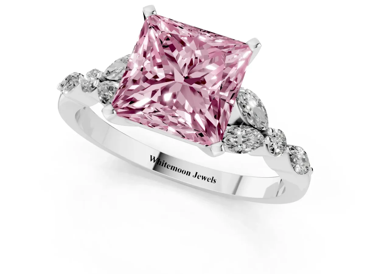 Fancy Pink Princess Cut Diamond Solitaire Ring with Side Stones and Four-Prong Setting Silver