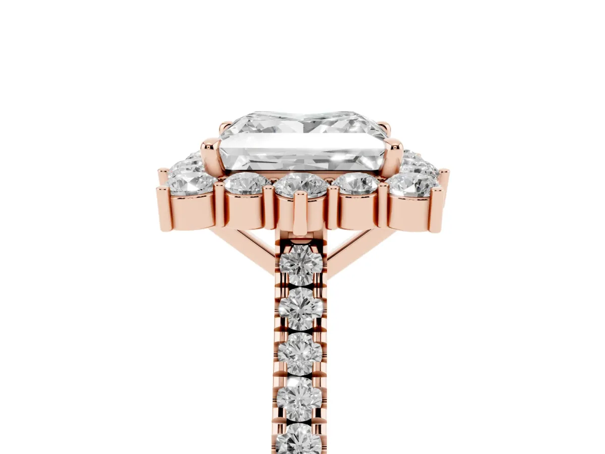 Princess Cut Halo Diamond Ring with Pavé Band and Prong Setting Rose gold
