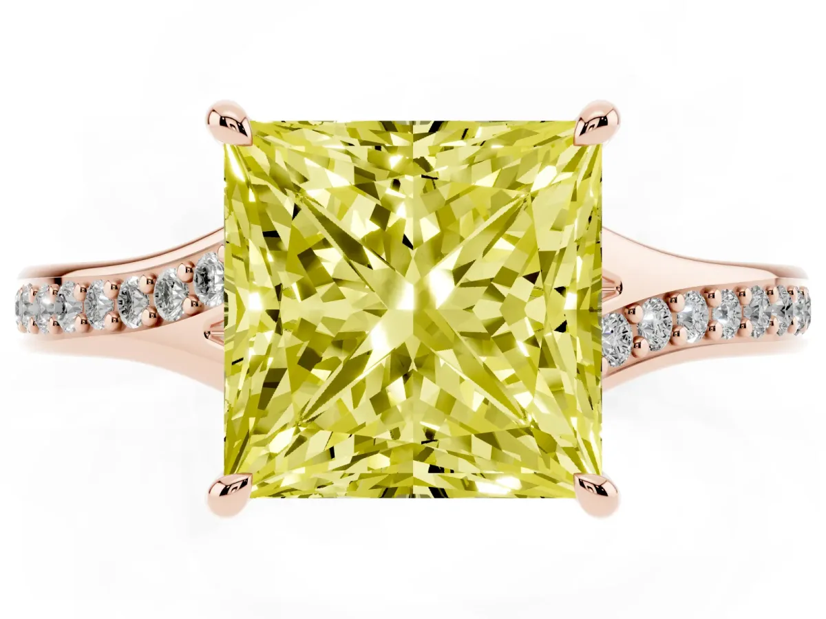 Fancy Yellow Princess Cut Diamond Solitaire Ring with Pavé Band and Prong Setting Rose gold