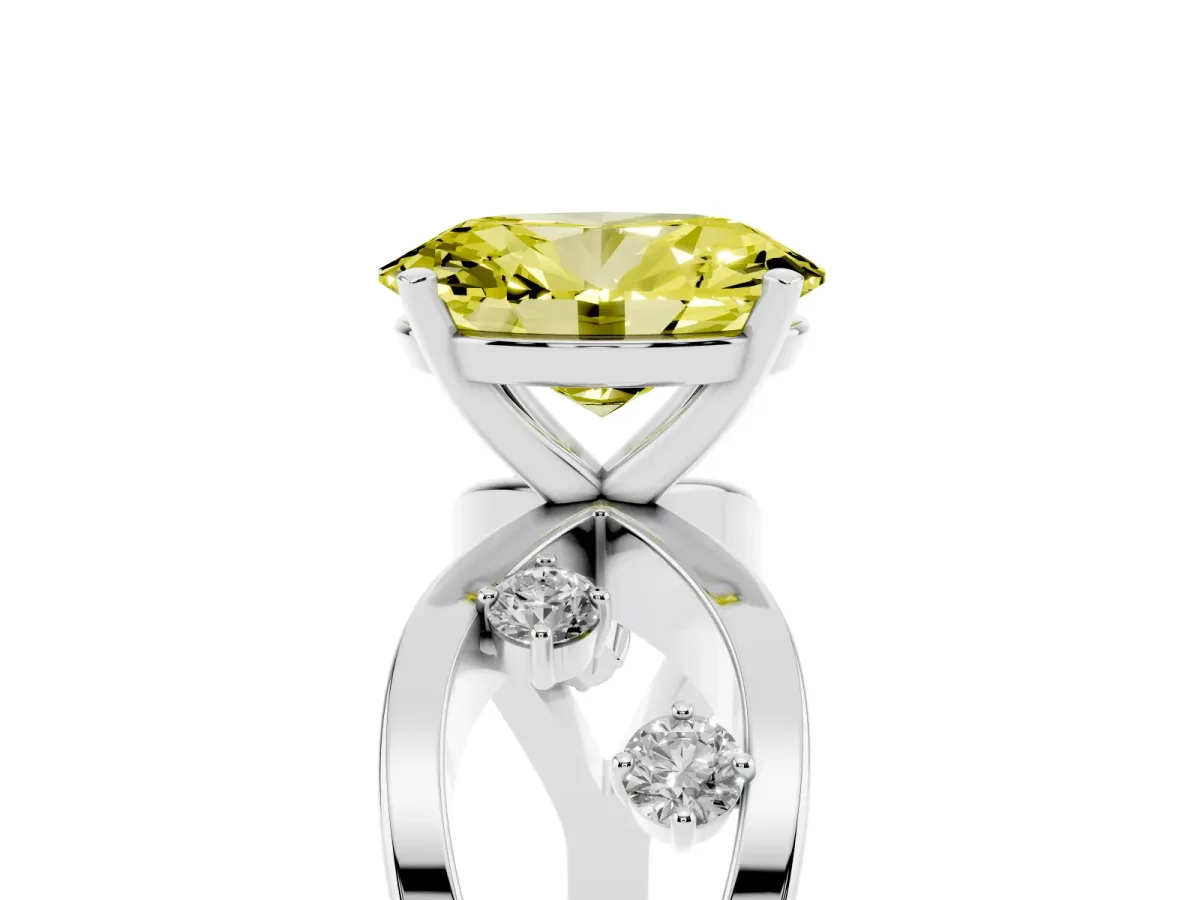 Fancy Yellow Oval Cut Cut Solitaire Diamond with Side Stones on Criss-Cross Band and Four-Prong Setting Silver