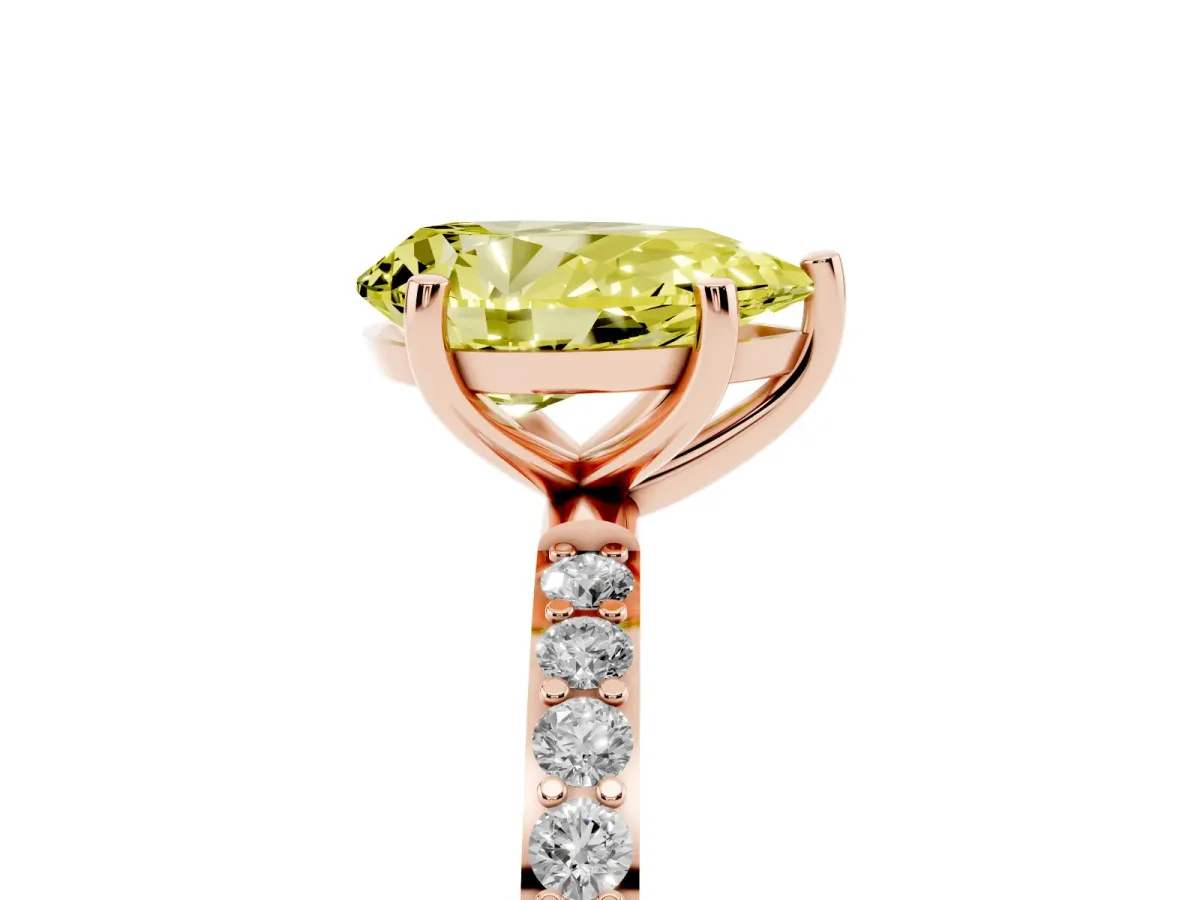 Fancy Yellow Pear Cut Diamond Solitaire Ring with Round Pavé Shoulders and Prong Setting Rose gold