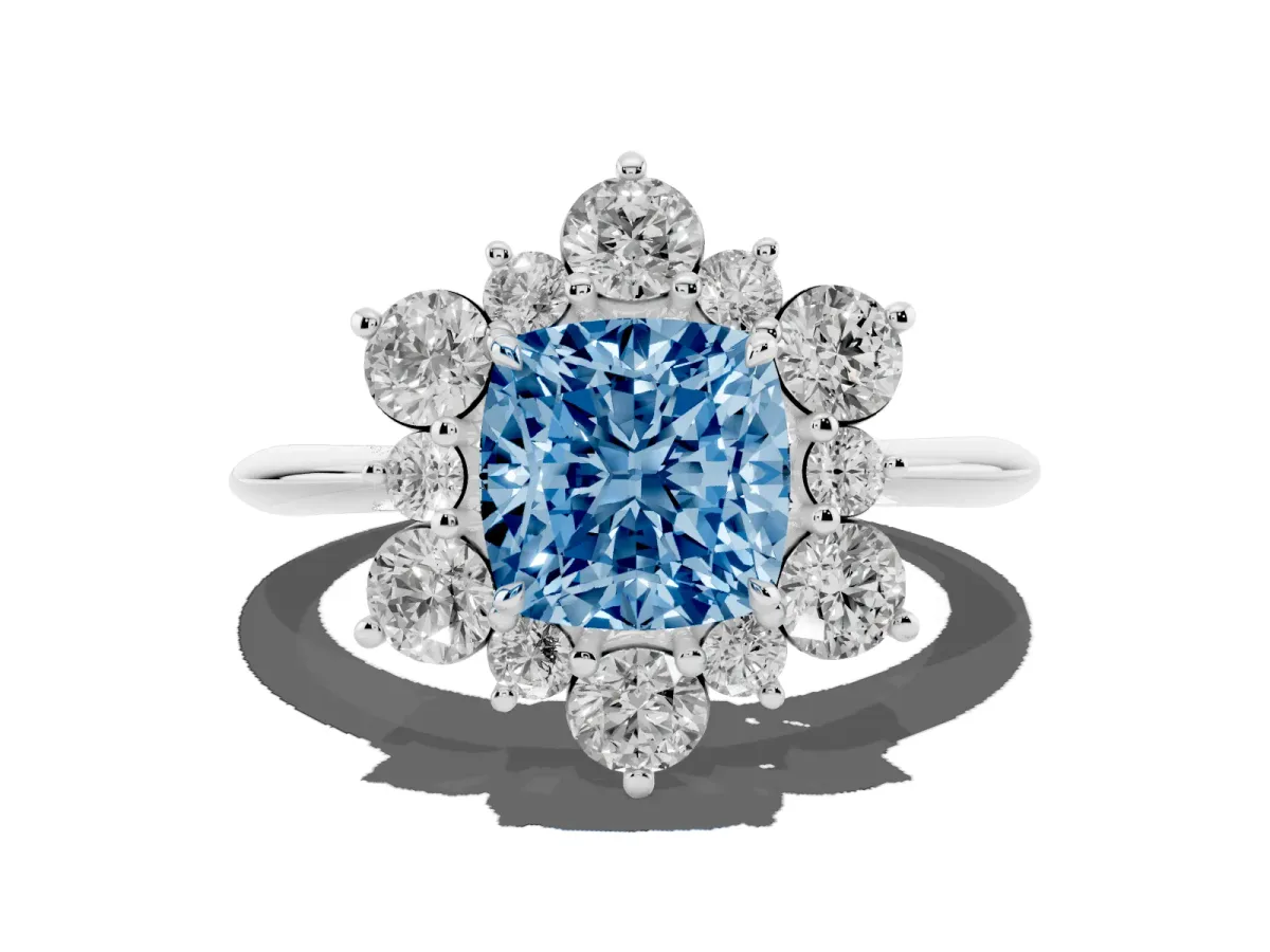 Fancy Blue Cushion Cut Diamond Cluster Halo Ring with Solitaire Band and Four-Prong Setting Silver