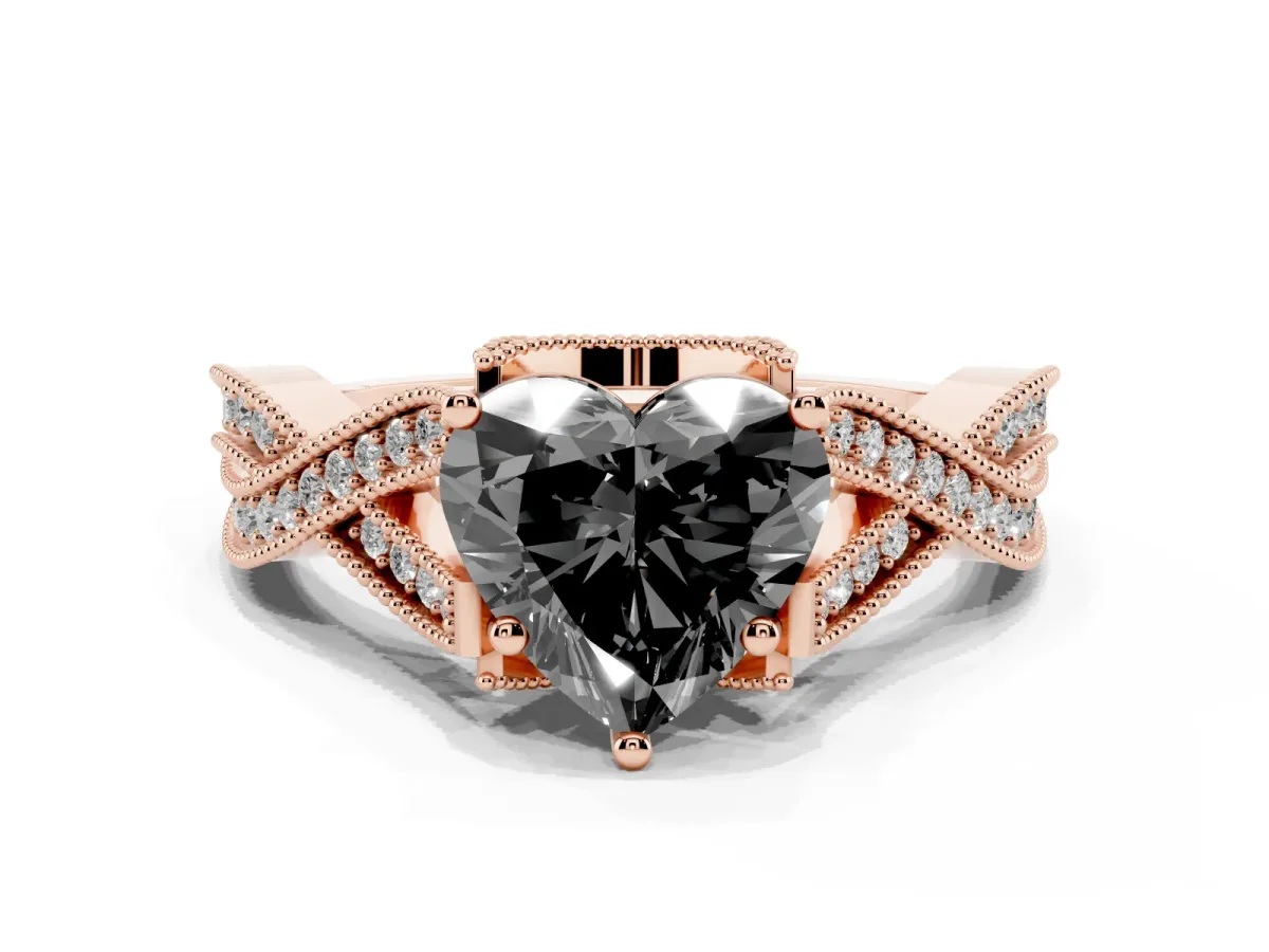 Fancy Black Heart Cut Cut Diamond Twisted Band with Milgrain Pave Setting and Four-Prong Setting Rose gold