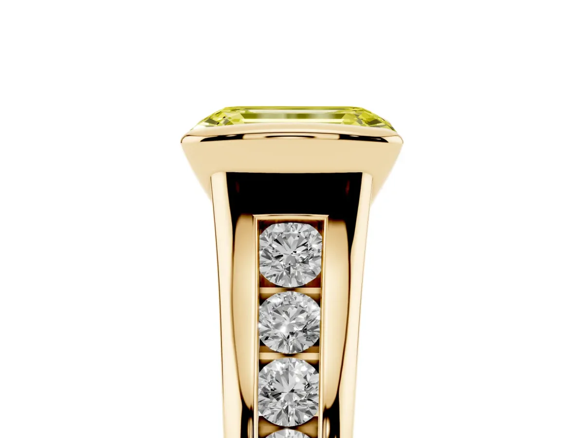 Fancy Yellow Emerald Cut Solitaire Bezel-Set Diamond Ring with Channel-Set Band Yellow gold