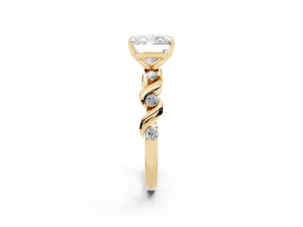 Radiant Cut Diamond Solitaire Twisted Band with Round Accents and Prong Setting Yellow gold