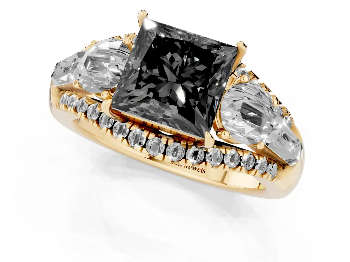 Fancy Black Three-Stone Princess Cut Diamond Engagement Ring with Pave Band and Prong Setting Yellow gold