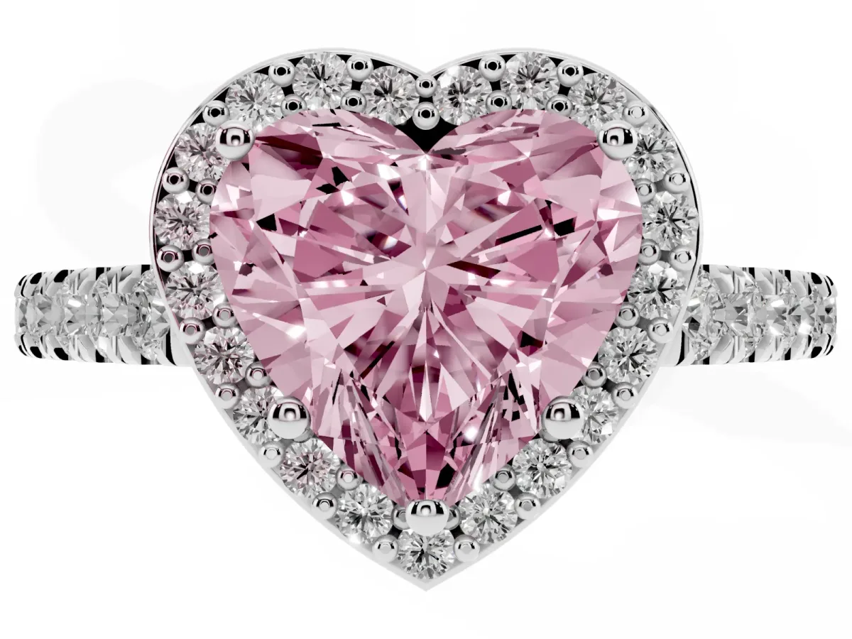 Fancy Pink Heart Cut Cut Halo Diamond Engagement Ring with Pave Band and Four-Prong Setting Silver