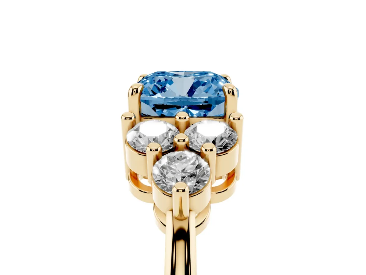 Fancy Blue Cushion Cut Brilliant Diamond Cluster Accent Solitaire Ring with Prong Setting Yellow gold
