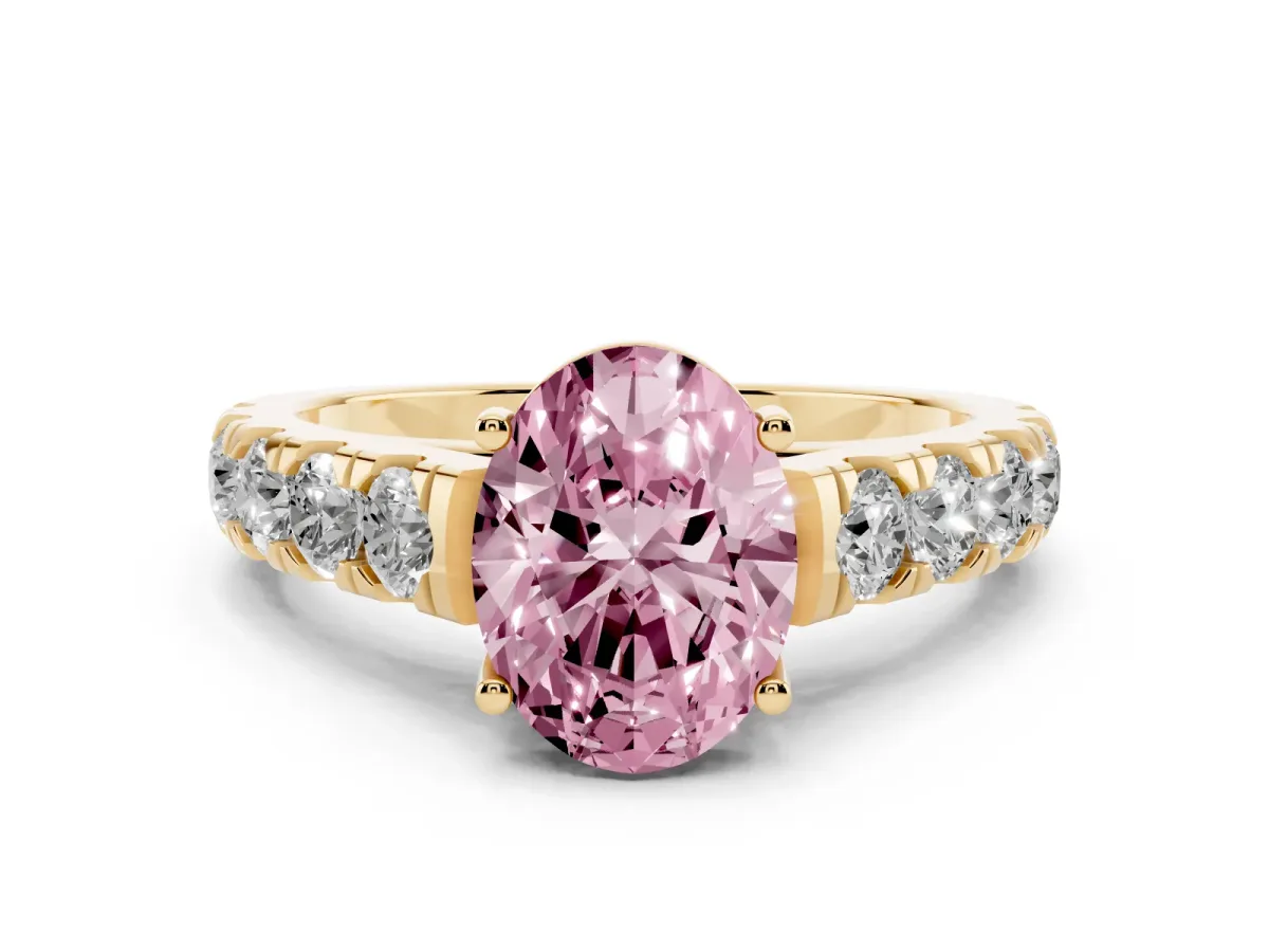Fancy Pink Oval Cut Cut Diamond Solitaire Ring with Micro Pave Band and Prong Setting Yellow gold