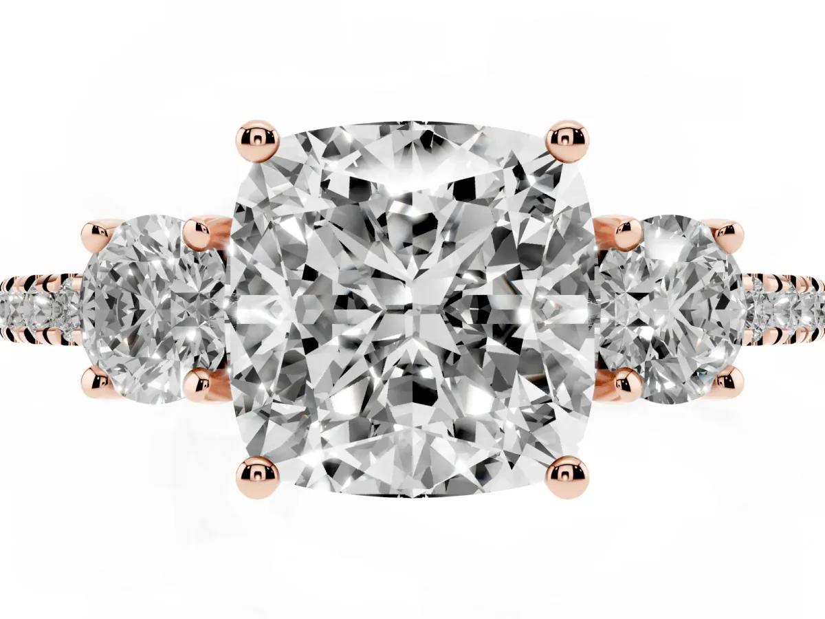 Three-Stone Cushion Cut Cut Diamond Pavé Band with Prong Setting Rose gold