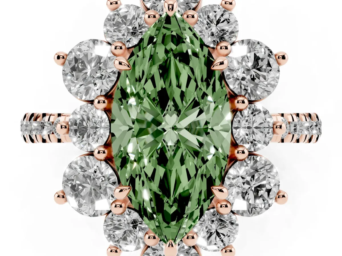 Fancy Green Marquise Cut Diamond Floral Halo Ring with Round Pavé Band and Prong Setting Rose gold