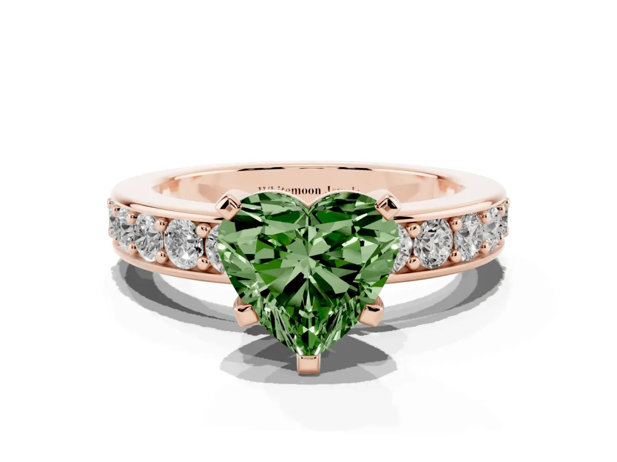 Fancy Green Heart Cut Diamond Engagement Ring with Channel Set Round Band and Prong Setting Rose gold
