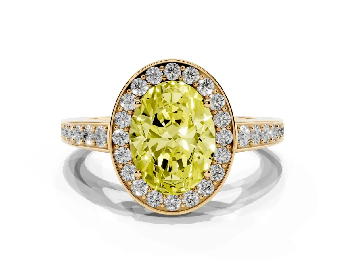 Fancy Yellow Oval Cut Halo Pavé Diamond Engagement Ring with Bezel Setting Yellow gold