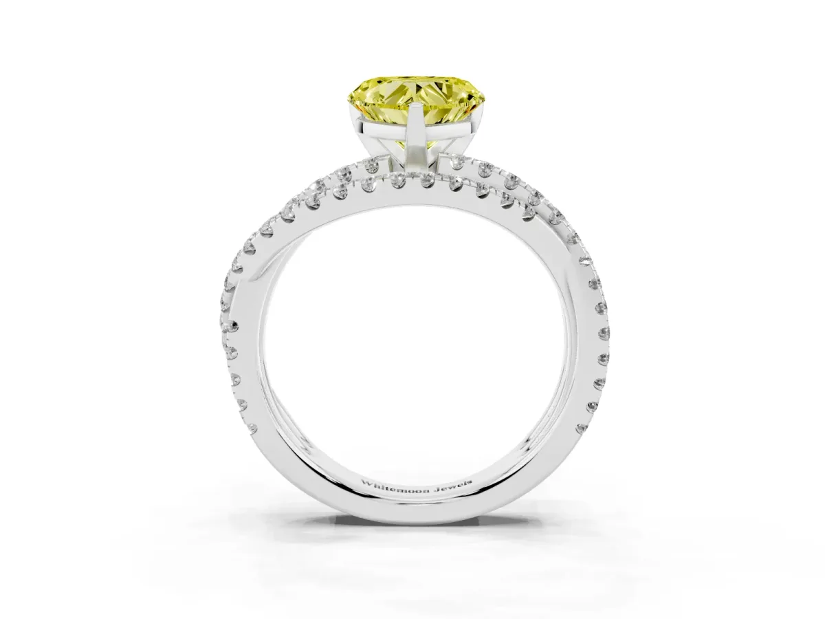 Fancy Yellow Heart Cut Solitaire Twist Band with Pavé Setting and Four-Prong Setting Silver