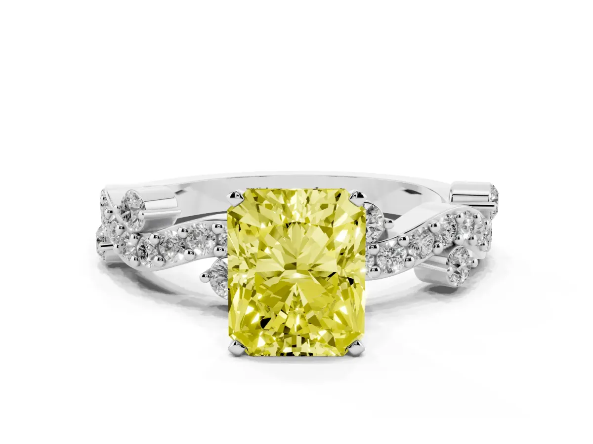 Fancy Yellow Radiant Cut Cut Solitaire Diamond Twisted Band with Pave Setting Silver