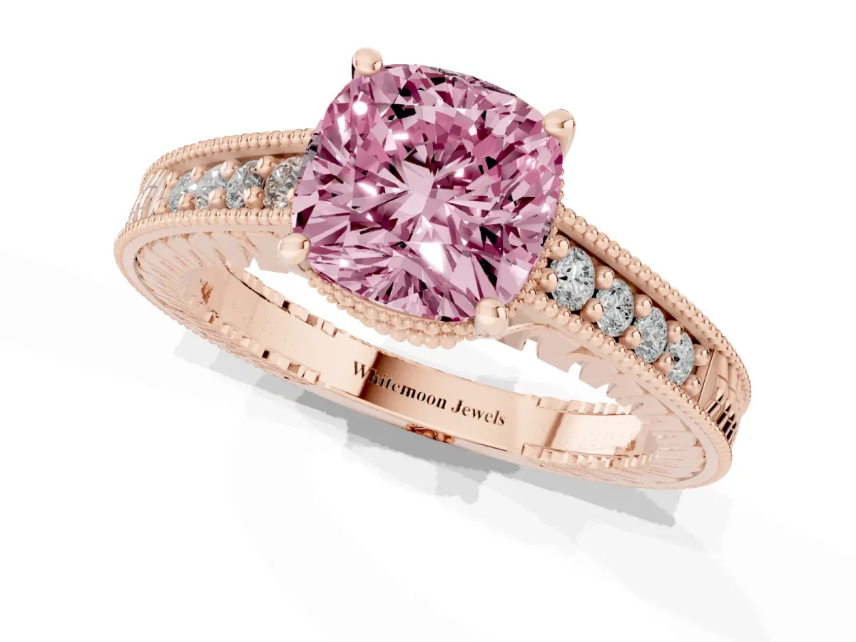 Fancy Pink Cushion Cut Solitaire Pavé Diamond Milgrain Engagement Ring with Four-Prong Setting Rose gold