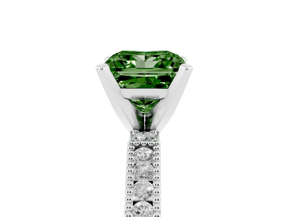 Fancy Green Princess Cut Solitaire with Pavé Band and Four-Prong Setting Silver