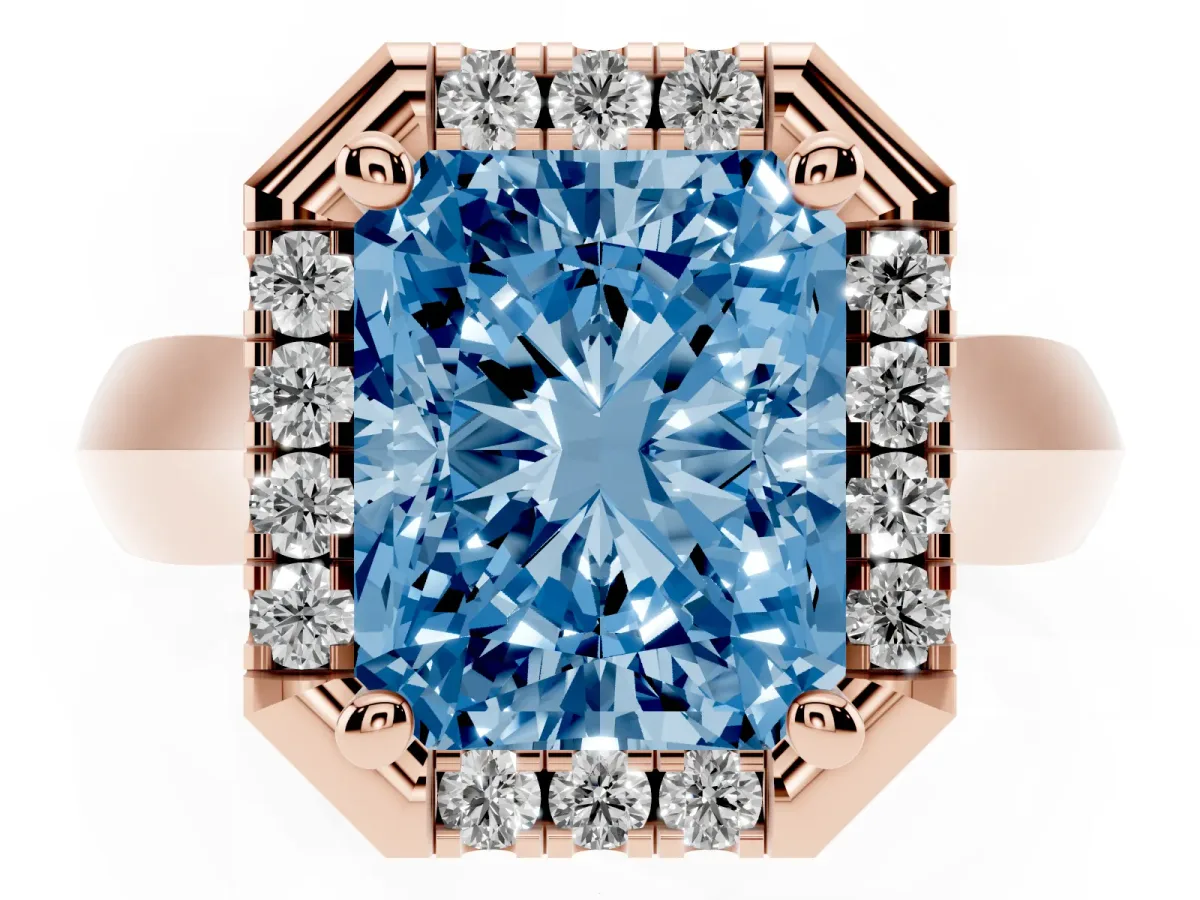 Fancy Blue Radiant Cut Cut Halo Solitaire Engagement Ring with Square Band and Four-Prong Setting Rose gold