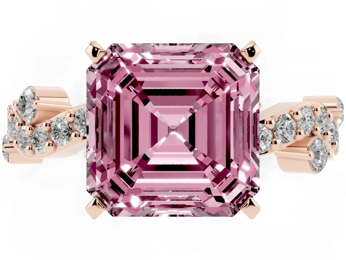 Fancy Pink Asscher Cut Cut Solitaire Diamond Twisted Band with Pave Setting Rose gold