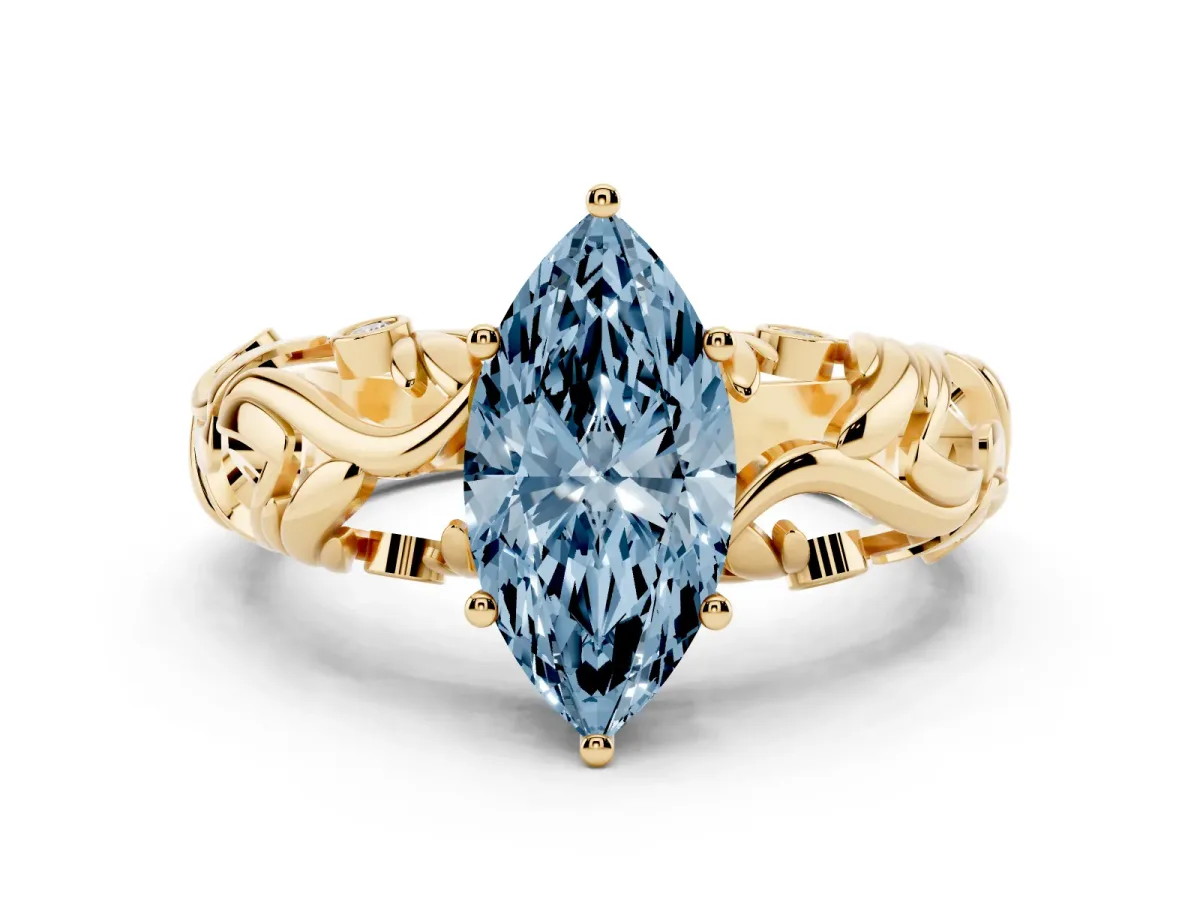 Fancy Blue Marquise Cut Solitaire Diamond Leaf-Inspired Vine Band Ring with Prong Setting Yellow gold