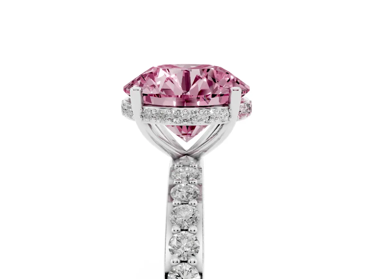 Fancy Pink Round Cut Diamond Solitaire Ring with Pavé Band and Hidden Halo Platinum