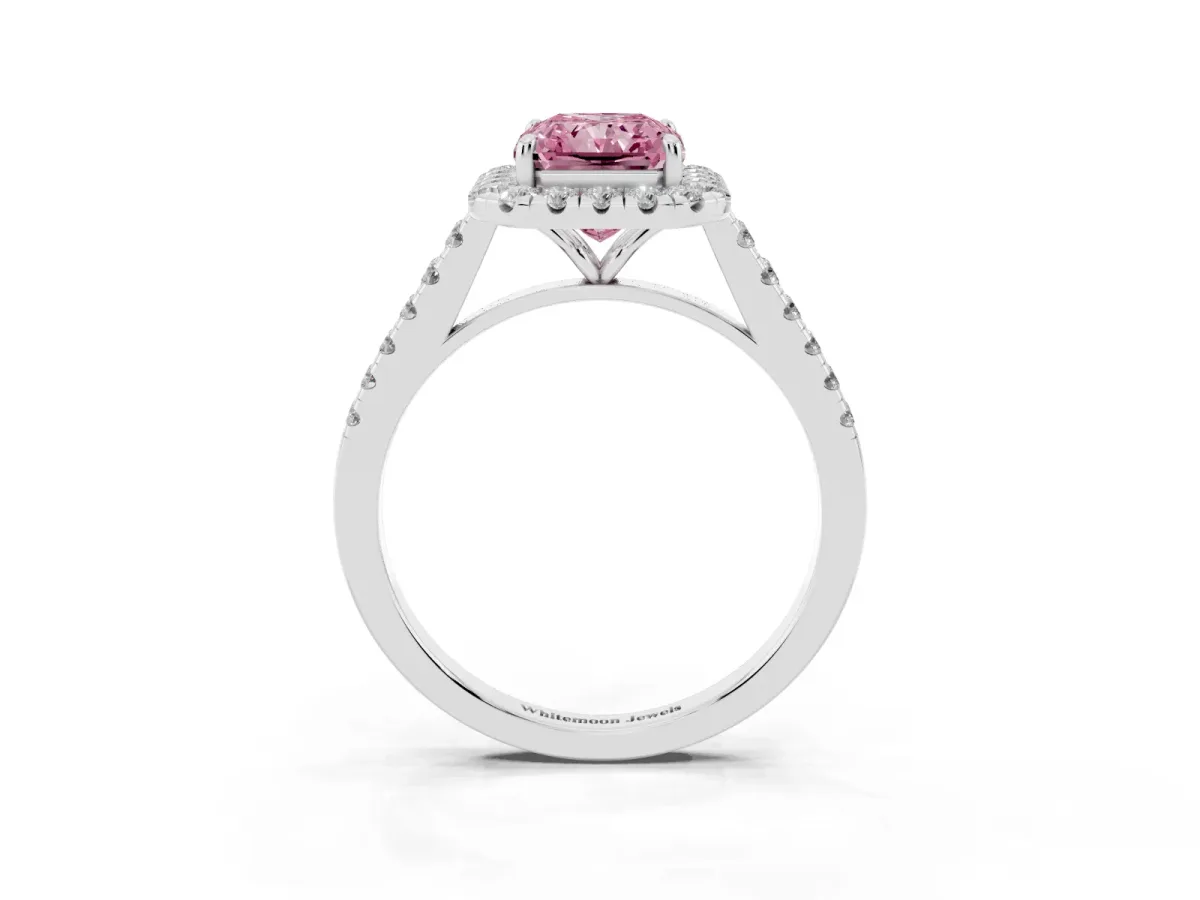 Fancy Pink Radiant Cut Halo Pave Diamond Engagement Ring with Four-Prong Setting Platinum