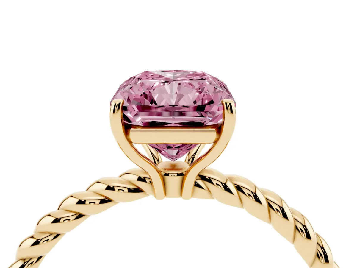 Fancy Pink Radiant Cut Solitaire Twist Band Ring with Four-Prong Setting Yellow gold