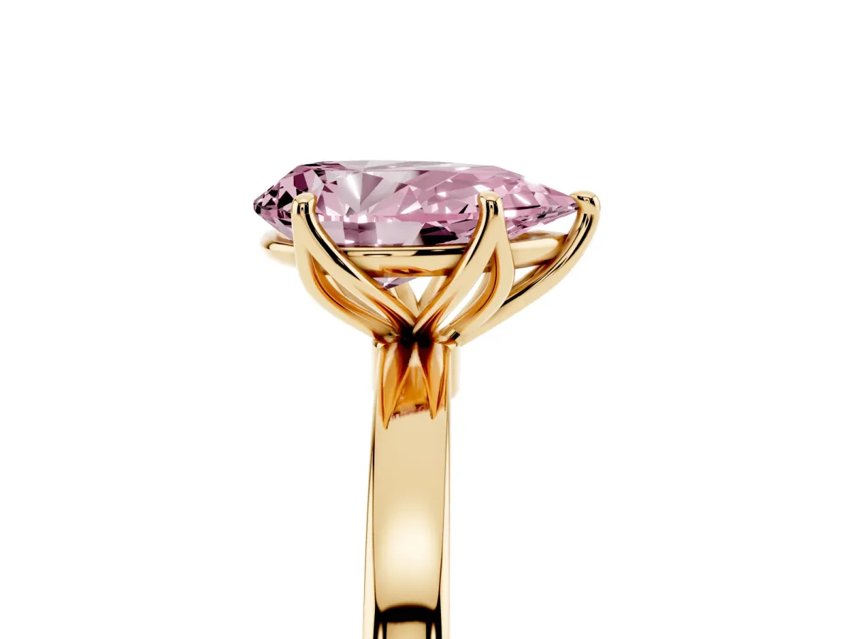 Fancy Pink Pear Cut Diamond Solitaire Ring with Thin Band and Prong Setting Yellow gold