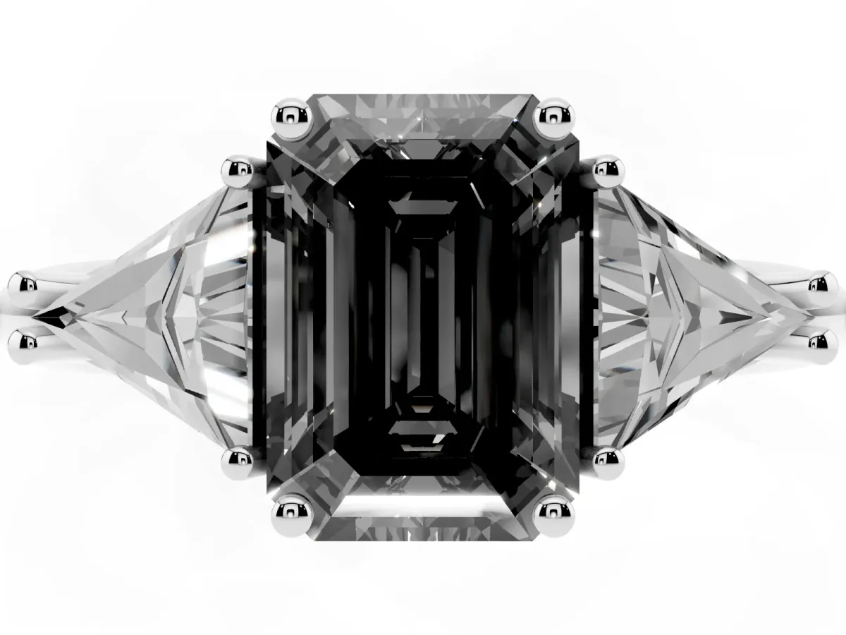 Fancy Black Three-Stone Emerald Cut Diamond Engagement Ring with Trillion Side Stones and Prong Setting Silver
